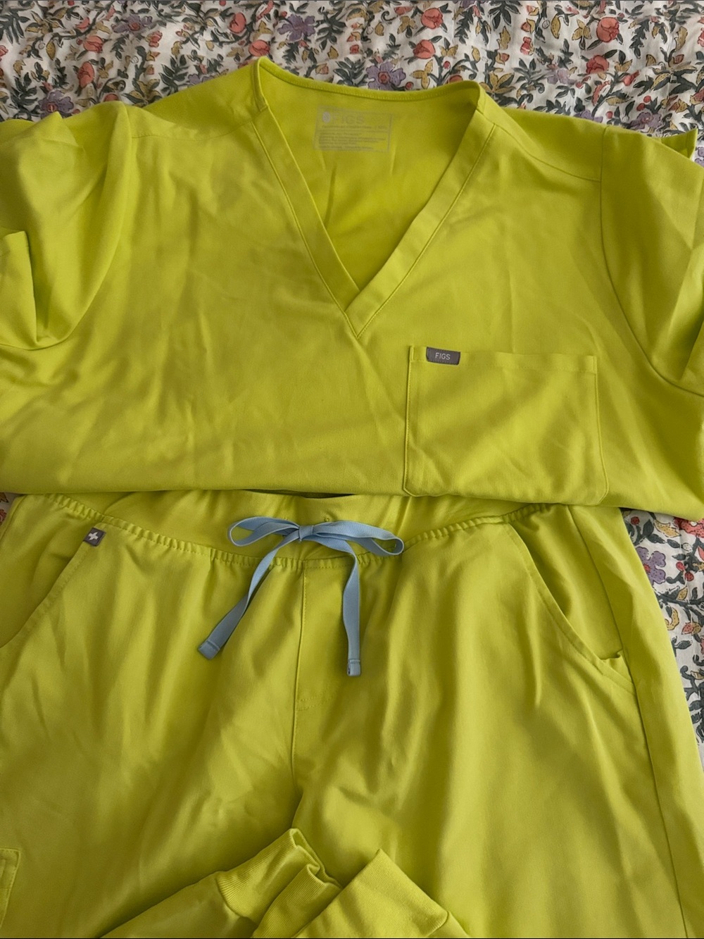 Figs Neon Lime Scrub Top and Jogger Set with Light Blue Drawstring